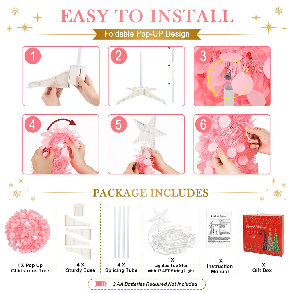5FT Pop Up Christmas Tree with Lighted Top Star for Pink Decorations