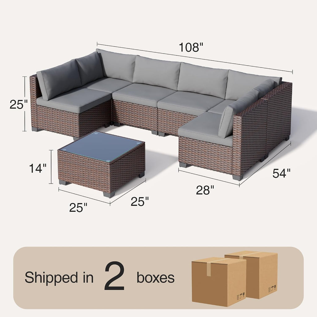 7 Pieces Outdoor Patio Furniture Set, PE Rattan Outdoor Wicker Sectional Furniture Sofa Set, with Cushions and Glass