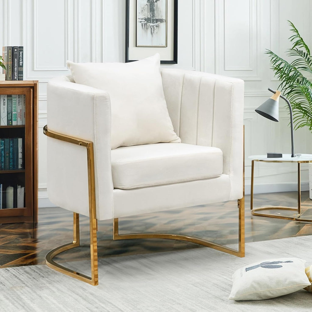 Velvet Modern Accent Chair, Upholstered Barrel Armchair Mid Century with Pillow , Comfy Single Vanity Chair with
