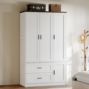 3-Door Armoire Wardrobe Closet with 2 Drawers and Shelves, White | Modern Farmhouse Style / Hanging Rod / Adjustable