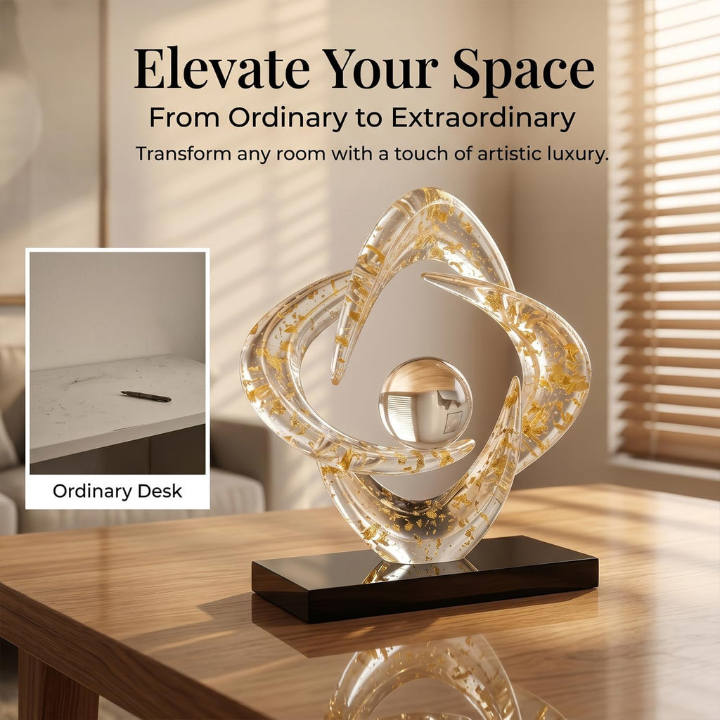 Modern Abstract Sculpture Decor, 10.8" Gold Resin Art Statue | Clear Gold Resin Art Statue for Coffee Table
