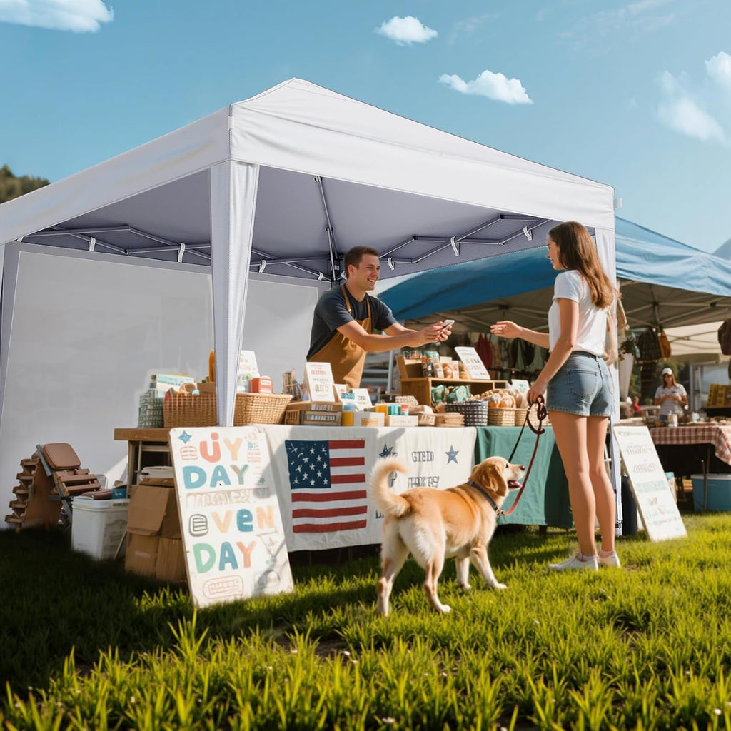 10x10 Pop Up Canopy with Sidewalls, Outdoor Instant Canopy Tent with Carry Bag Events, Camping, Backyard Parties - White