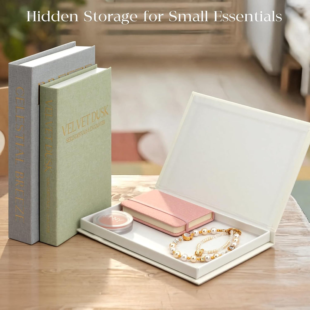 Decorative Books Decor, Set of 3 Neutral Linen Storage Boxes | Linen Faux Book Boxes with Hidden Storage for Coffee