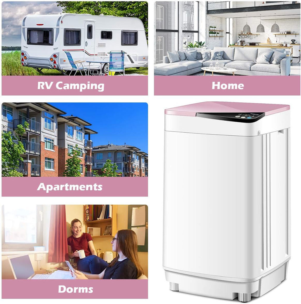 Full-Automatic Washing Machine Portable Washer and Spin Dryer 7.7 lbs Capacity Compact Laundry Washer with Built-in Barrel Light Drain Pump and Long Hose for Apartments Camping (White & Pink)
