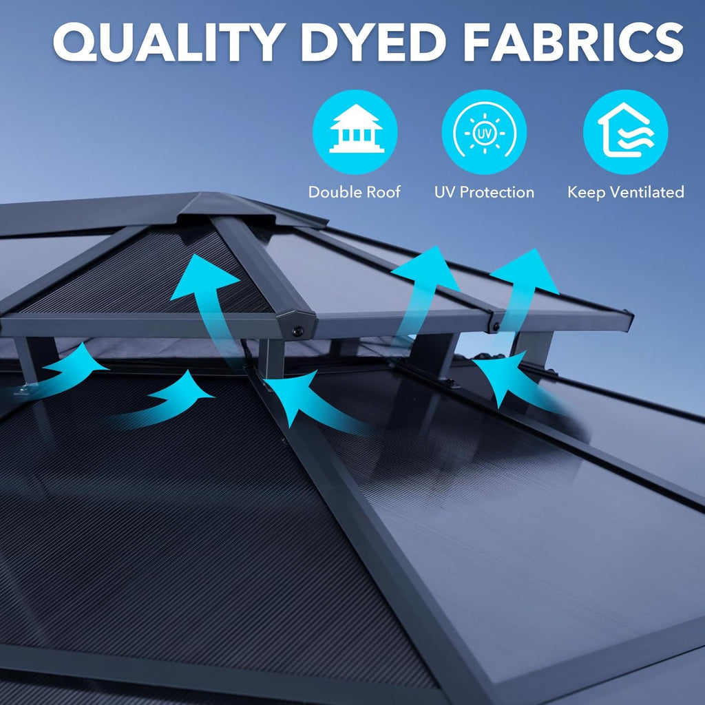 10' X 13' Permanent Hardtop Gazebo, Outdoor Polycarbonate Double Roof Canopy with Breathable Netting & Privacy Curtain