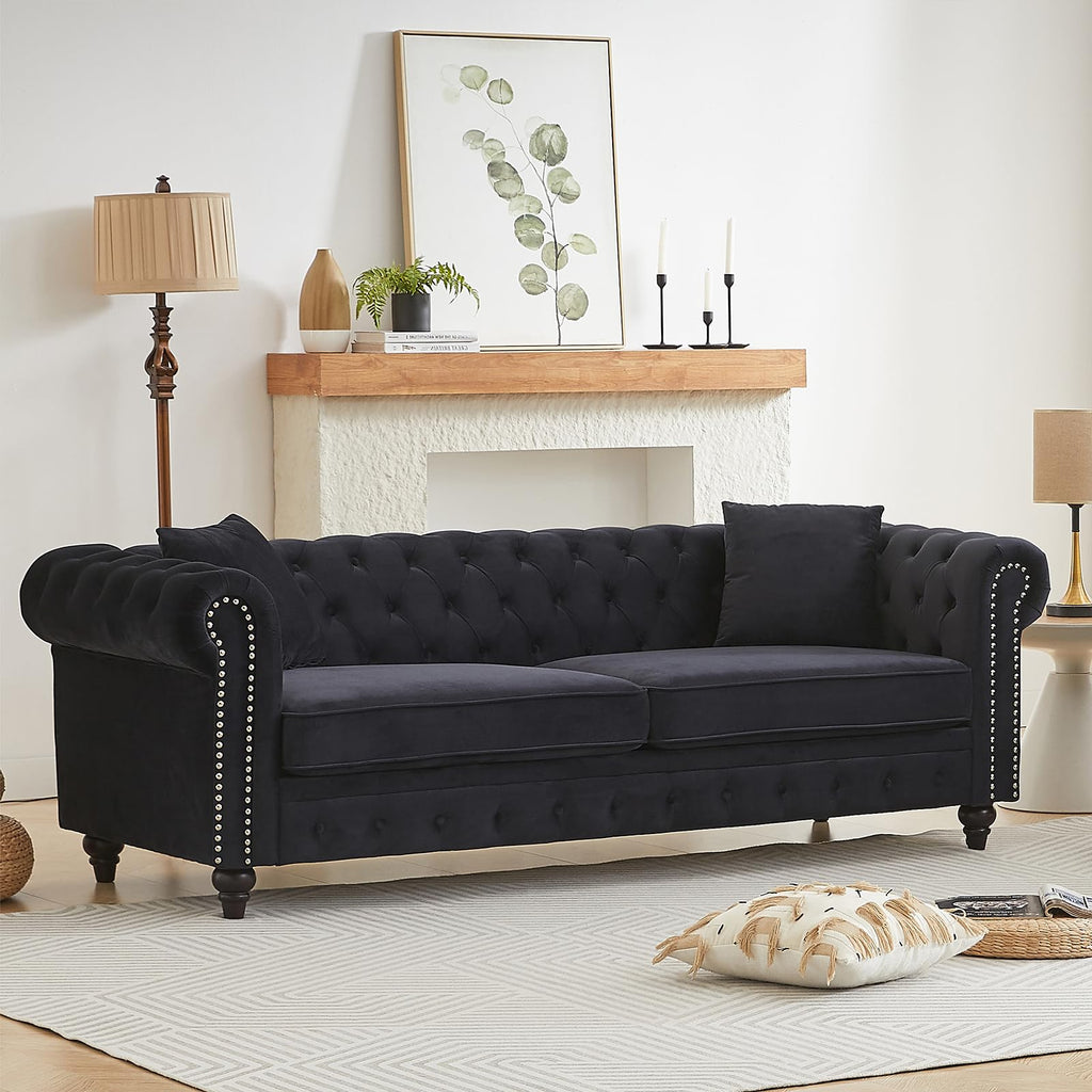 2 Piece Living Room Sofa Set, Velvet Button Tufted Couch and Loveseat Set with Nailhead Trim&Roll Armrests, Mid Century