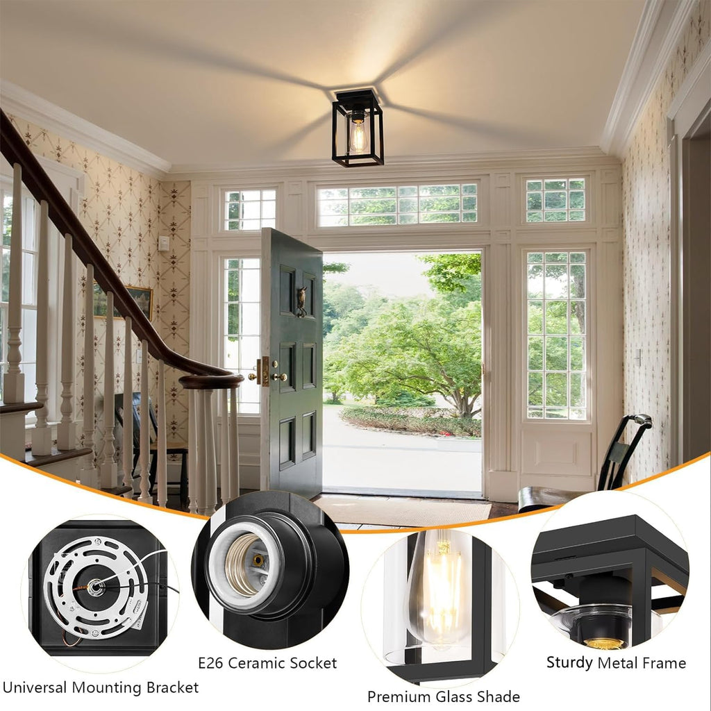 Semi Flush Mount Ceiling Light Fixture, Black Metal Frame Porch Ceiling Light Fixture with Clear Glass Shade and E26