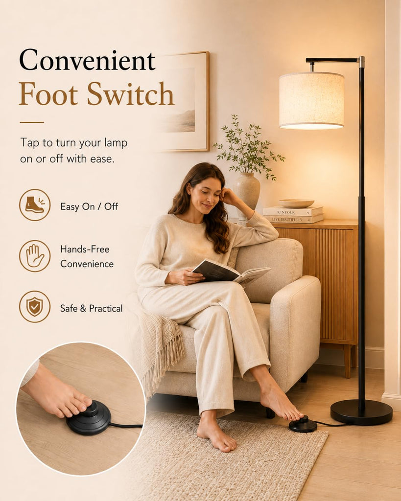 Modern Arc Floor Lamp, Adjustable Linen Shade, Black