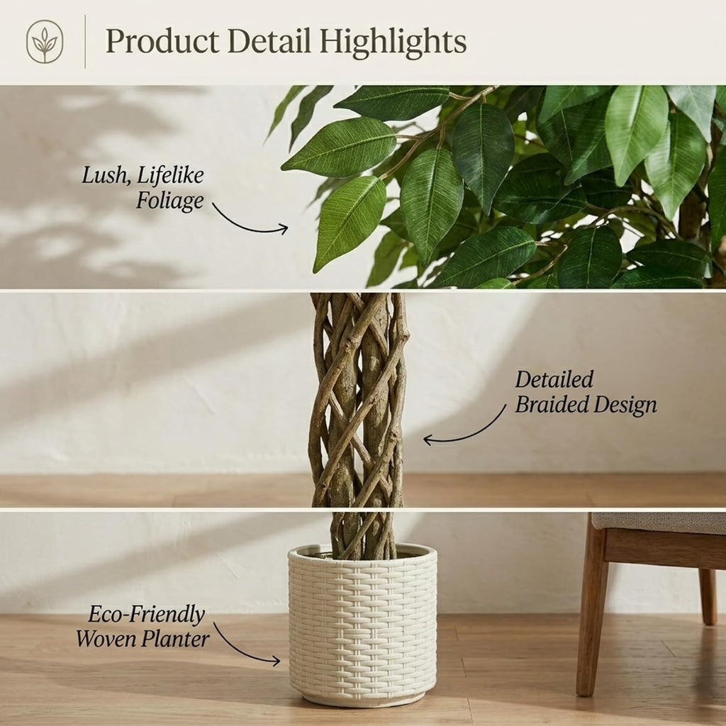 Ficus Tree:6FT Tall Faux Silk Floor Plant (White Planter)