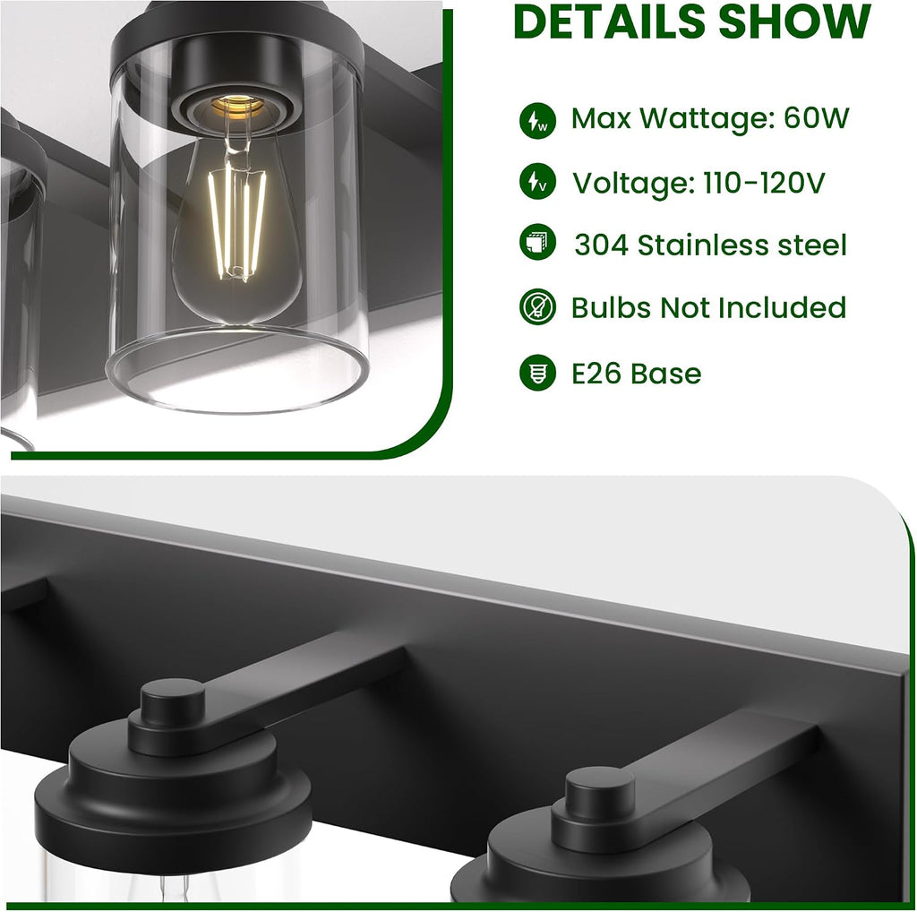 Bathroom Vanity Light, 3-Light Modern Black Vanity Light Fixtures with Clear Glass Shade, 22in Matte Black Bathroom