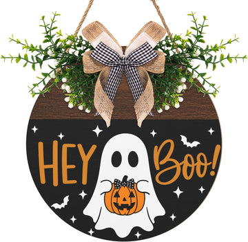 Halloween Hey Boo Door Sign Outdoor Decor Ghost Pumpkin Door Wreath Front Door Hanger Holiday Wooden Signs Outdoor