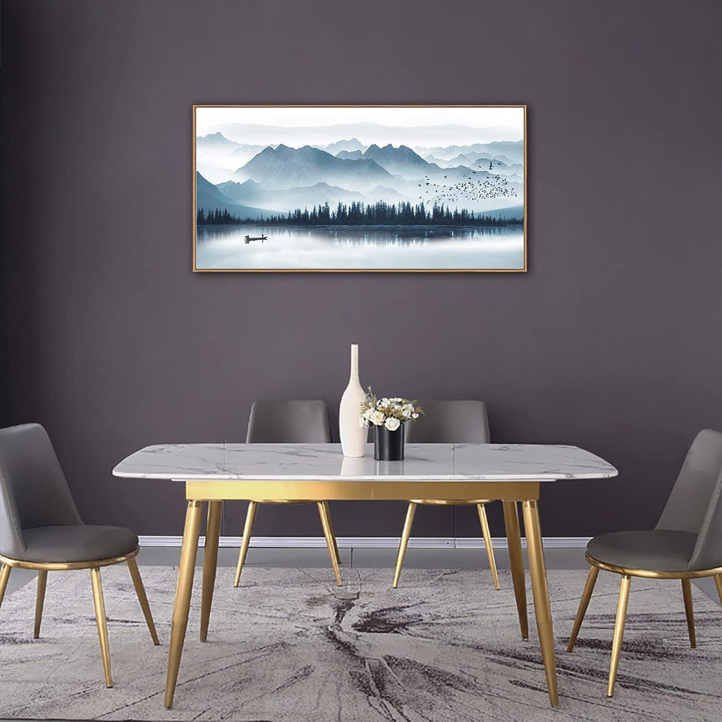 Indigo Framed Canvas Wall Art Misty Mountain Wall Pictures Foggy Lake Boat Painting Prints Forest Birds Artwork Wall