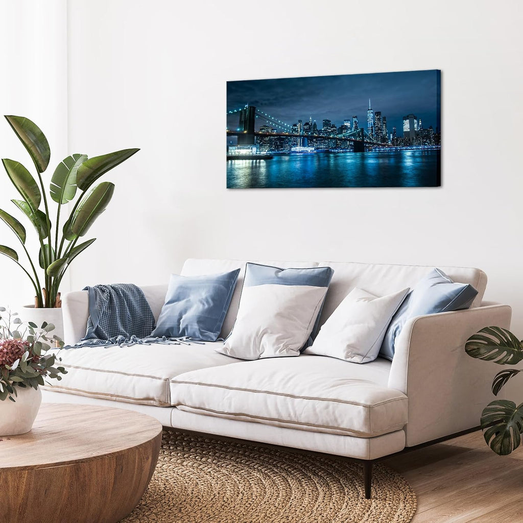 Blue New York City Canvas Wall Art Print Cityscape Brooklyn Bridge Picture Framed Wall Decor NYC Skyline Painting