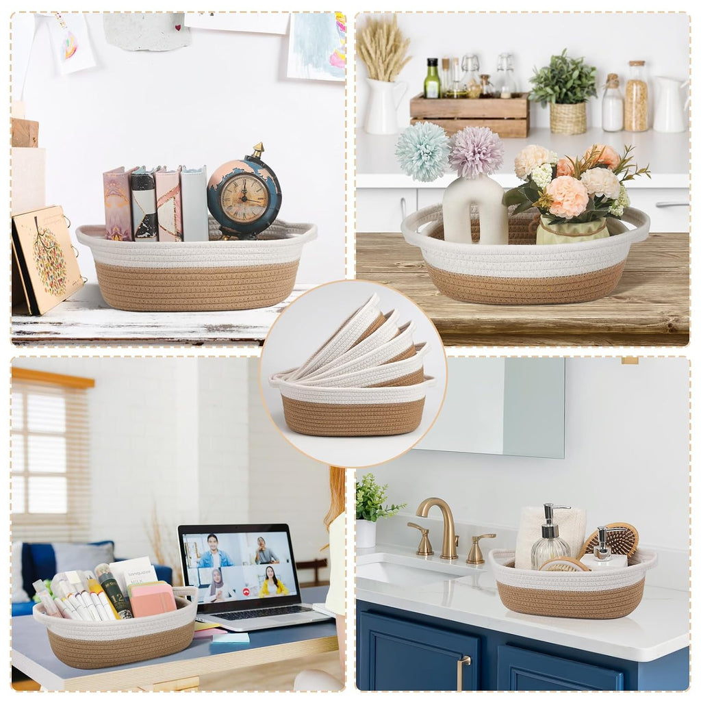 Set of 5 Woven Rope Baskets for Storage, Organizing, Nursery, Shelves - Small Baskets for Gifts Empty (Off White &