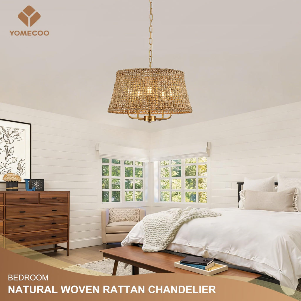 19.7" Boho Rattan Chandelier, 5-Light Gold Wicker Light Fixture
