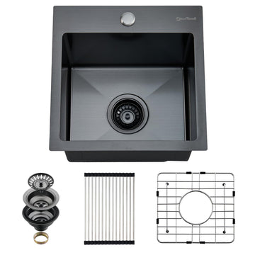 Drop Sink, 15 x 15 Inch Single Bowl Topmount Bar Prep Sink 16 Gauge Stainless Steel Gunmetal Black Kitchen Sinks