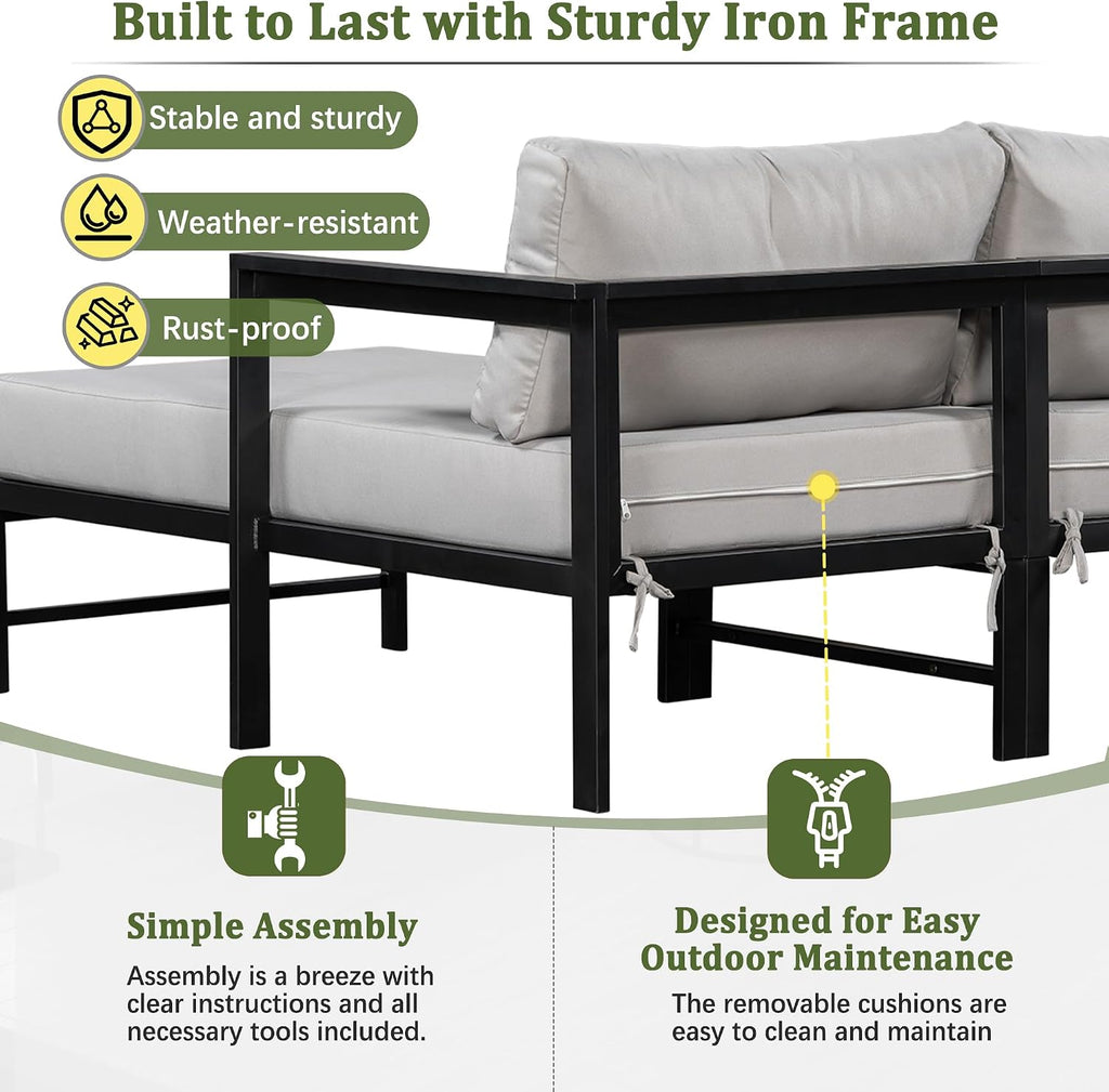 Outdoor L-Shaped Sectional Sofa with 5.9'' Ultra-Thick Cushions, All Weather Patio Conversation Set with Iron Frame