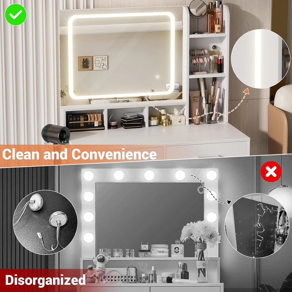 Small Vanity Desk, Vanity Desk with Mirror and Lights, Makeup Vanity Desks with Power Strip, Vanity Table with