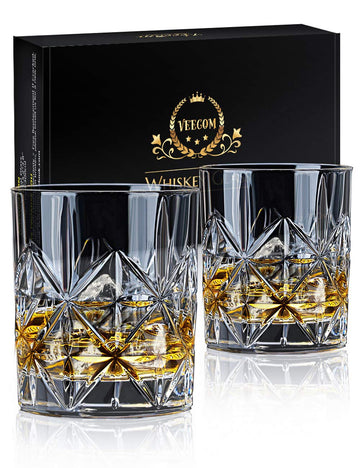 Whiskey Glass Set of 2, 10 oz Crystal Whiskey Glasses Thick Bottom Bourbon Gifts for Men, Old Fashioned Rocks Glasses