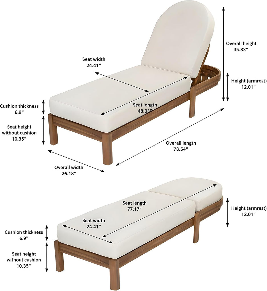 Acacia Wood Chaise Lounge Chair Outdoor, Adjustable Backrest Sun Lounger Recliner, Patio Outdoor Chaise Lounge