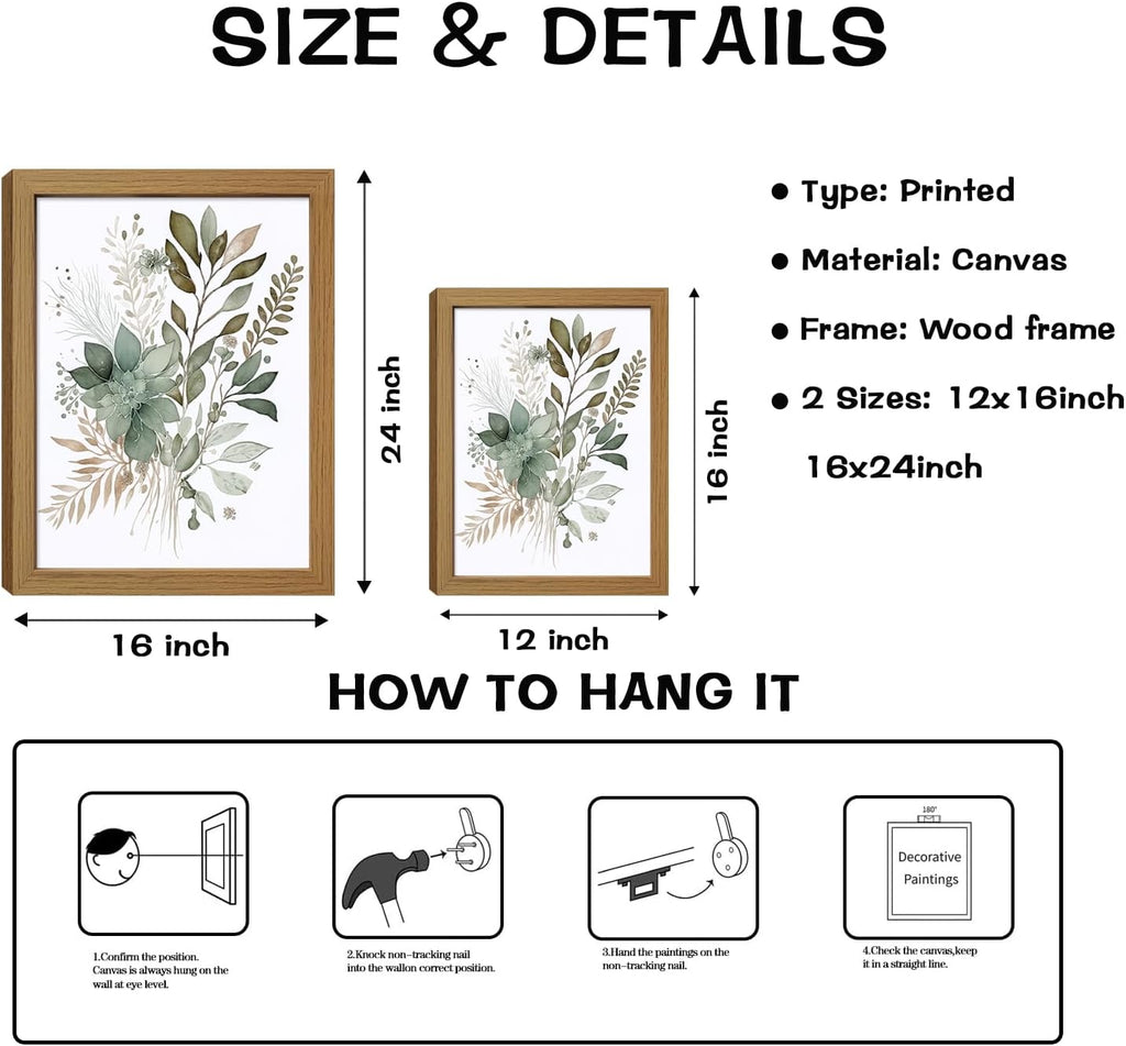 Sage Green Botanical Wall Art Set of 3, Eucalyptus Leaf Canvas Prints, Minimalist Watercolor Style Boho Nature Plant