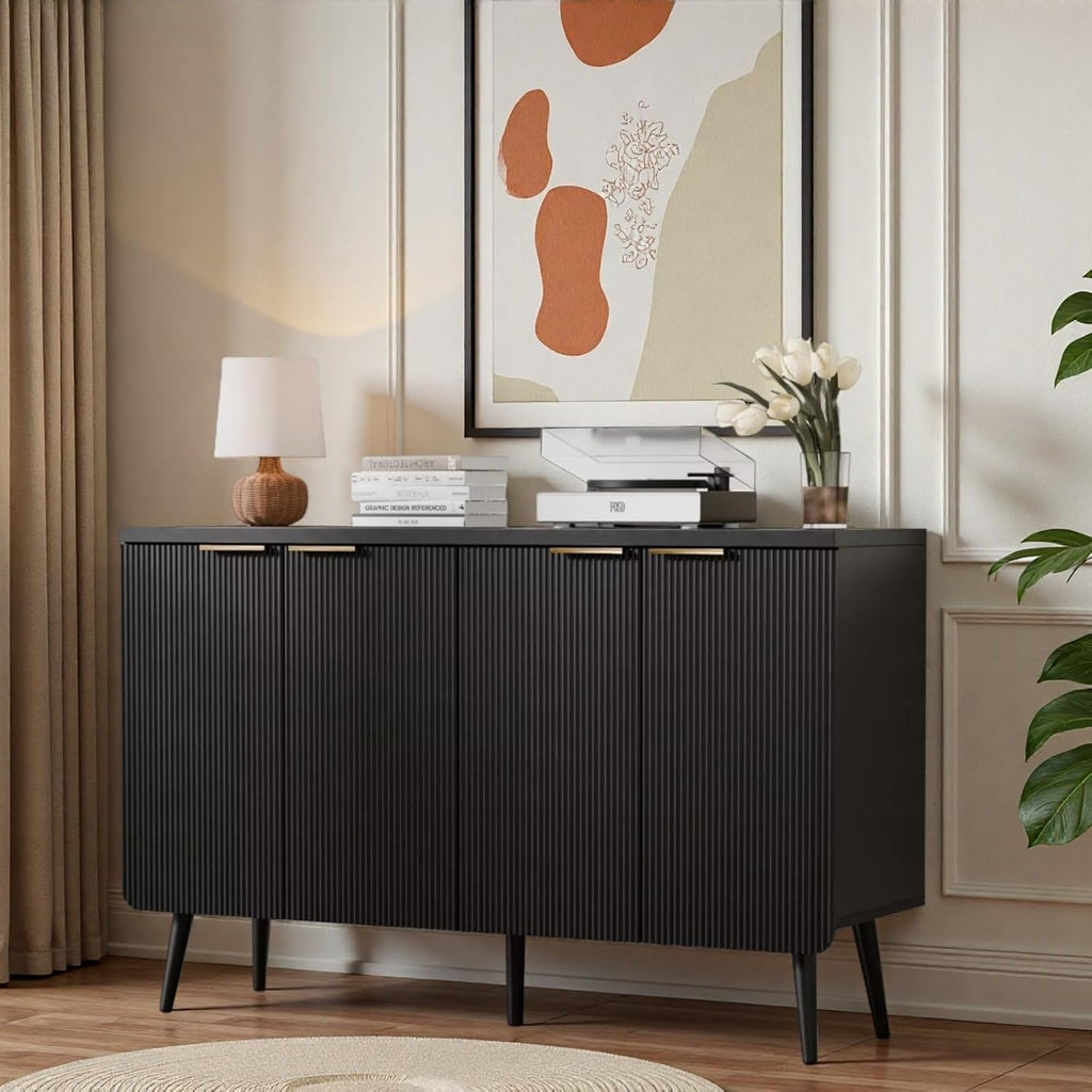 47.2" Modern Fluted Sideboard Cabinet with 4 Doors, Wood Storage Credenza with Shelves