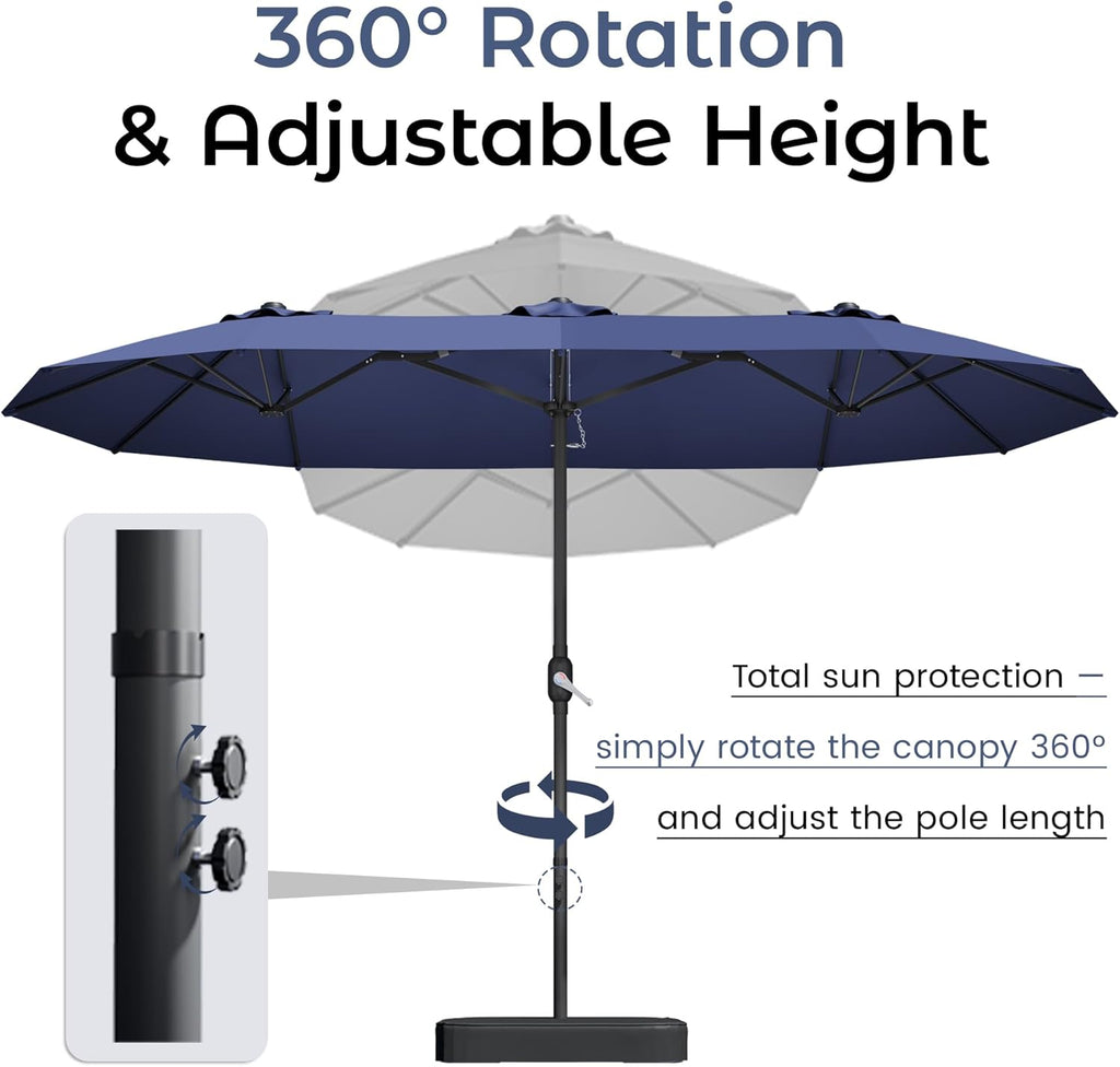 15ft Patio Umbrella with Base,Large Outdoor Double-Sided Rectangle Umbrella with Crank Handle, Market Umbrella Pools