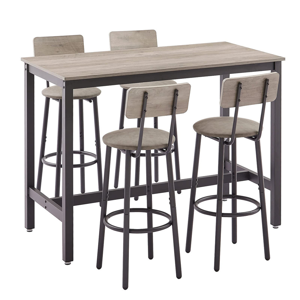 Bar Table and Chairs Set for 4, 5 Pieces Industrial Counter Height Pub Table and 4 PU Soft Stools with Backrest, High
