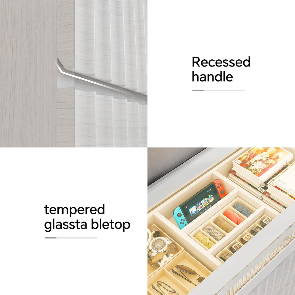 Fluted 8 Drawer Dresser,with LED Lights,Tempered Glass Panel,Drawer Dresser,Hidden Handles.Compartmentalized Storage