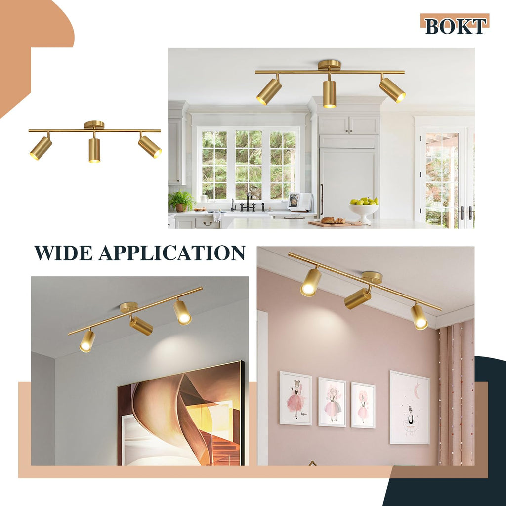 Gold 3-Lights Track Lighting Brushed Brass Ceiling Spotlight Light