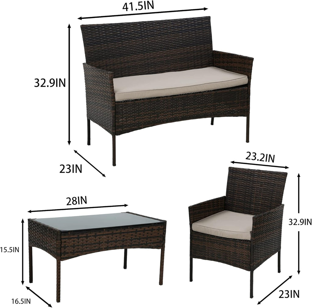 4 Pieces Patio Furniture Set Rattan Outside Furniture Wicker Sofa Garden Conversation Sets with Soft Cushion and Glass
