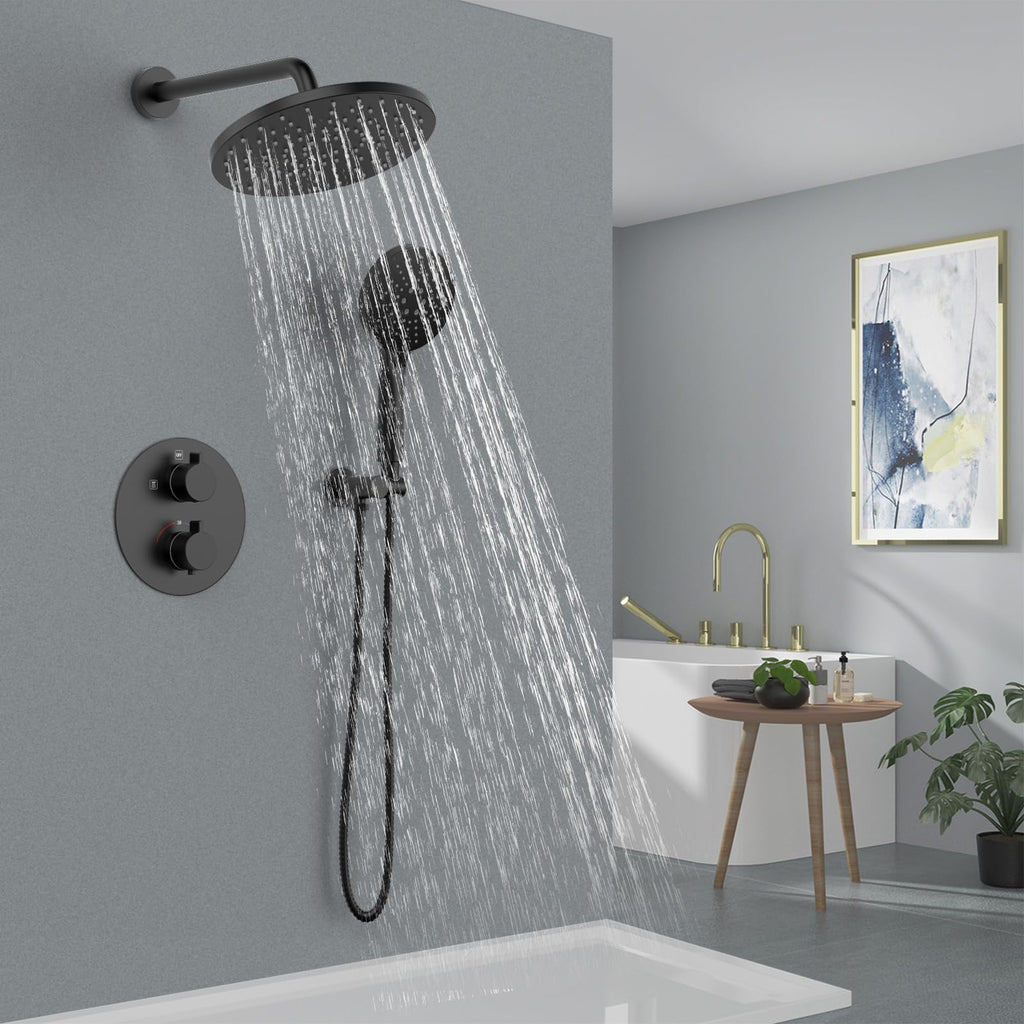 Thermostatic Shower System Wall Mount with 10 Inch Roud Rainfall Shower Head and Handheld, Shower Faucet Mixer Trim