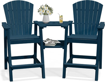 Tall Adirondack Chairs Set of 2 with Double Connecting Trays, Navy | HDPE Bar Height Outdoor Chairs with Umbrella