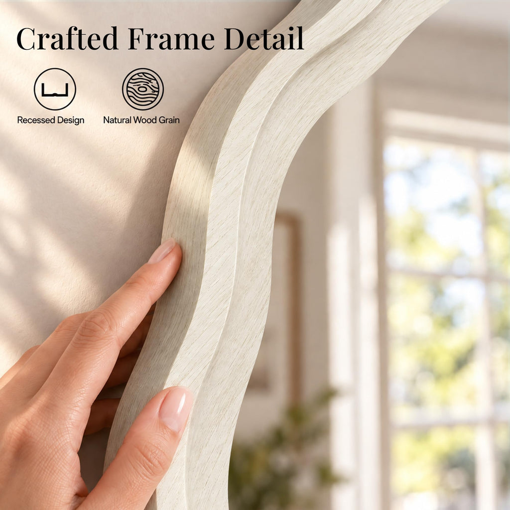 30 Inch Washed White Scalloped Round Bathroom Mirror, Wood Frame