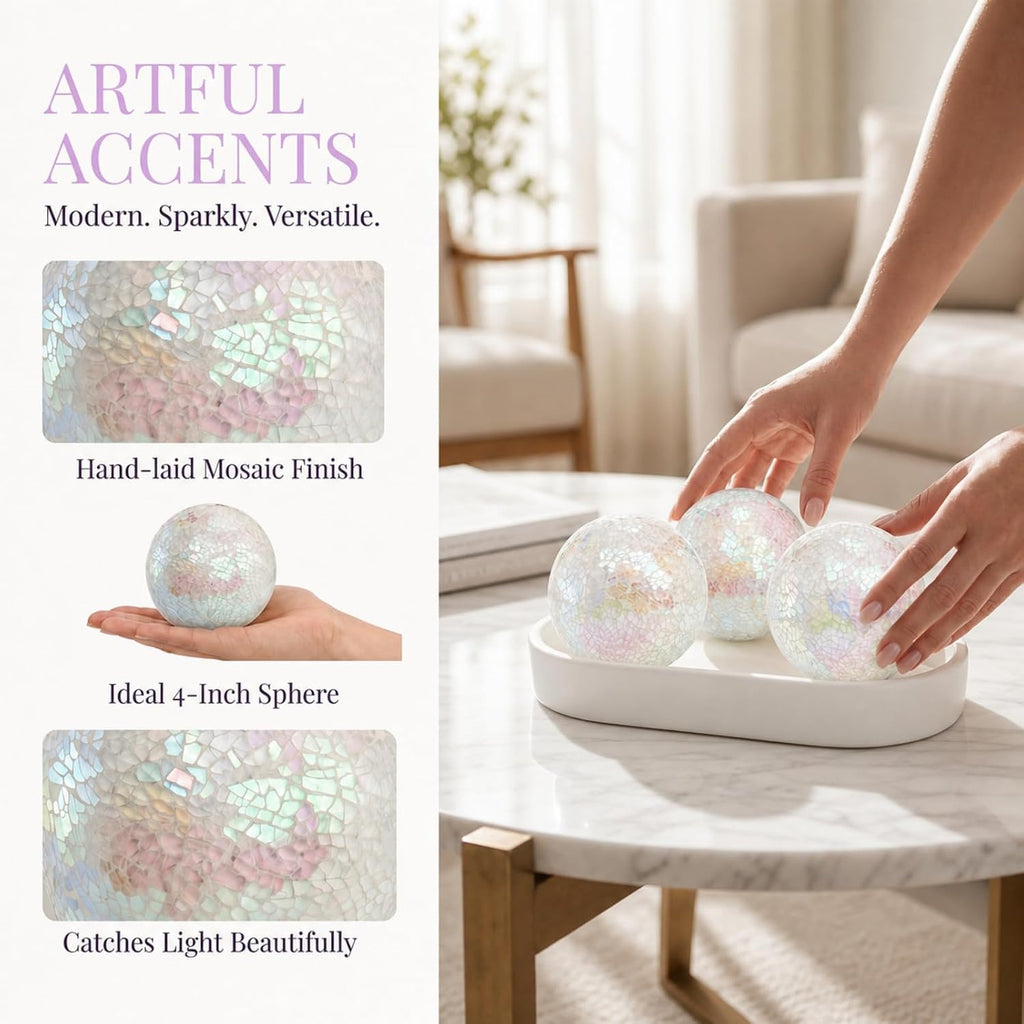 Decorative Balls, 4 Inch Glass Mosaic Orbs Sphere Bowl Fillers, Coffee Table Centerpiece Ball Ornaments - Set of 3
