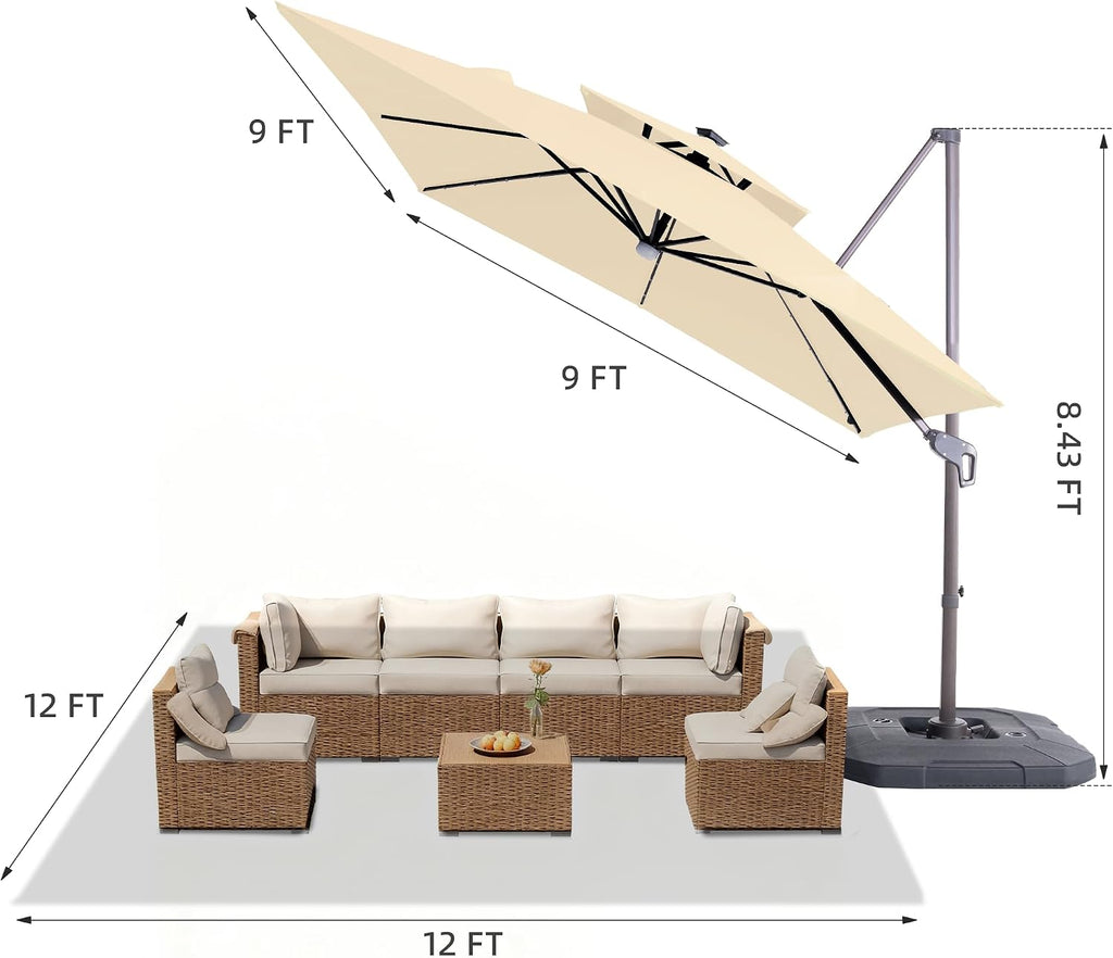 9x9 FT Cantilever Patio Umbrella with Base & Solar LED, Beige | 9x9 FT square shade, weighted base included