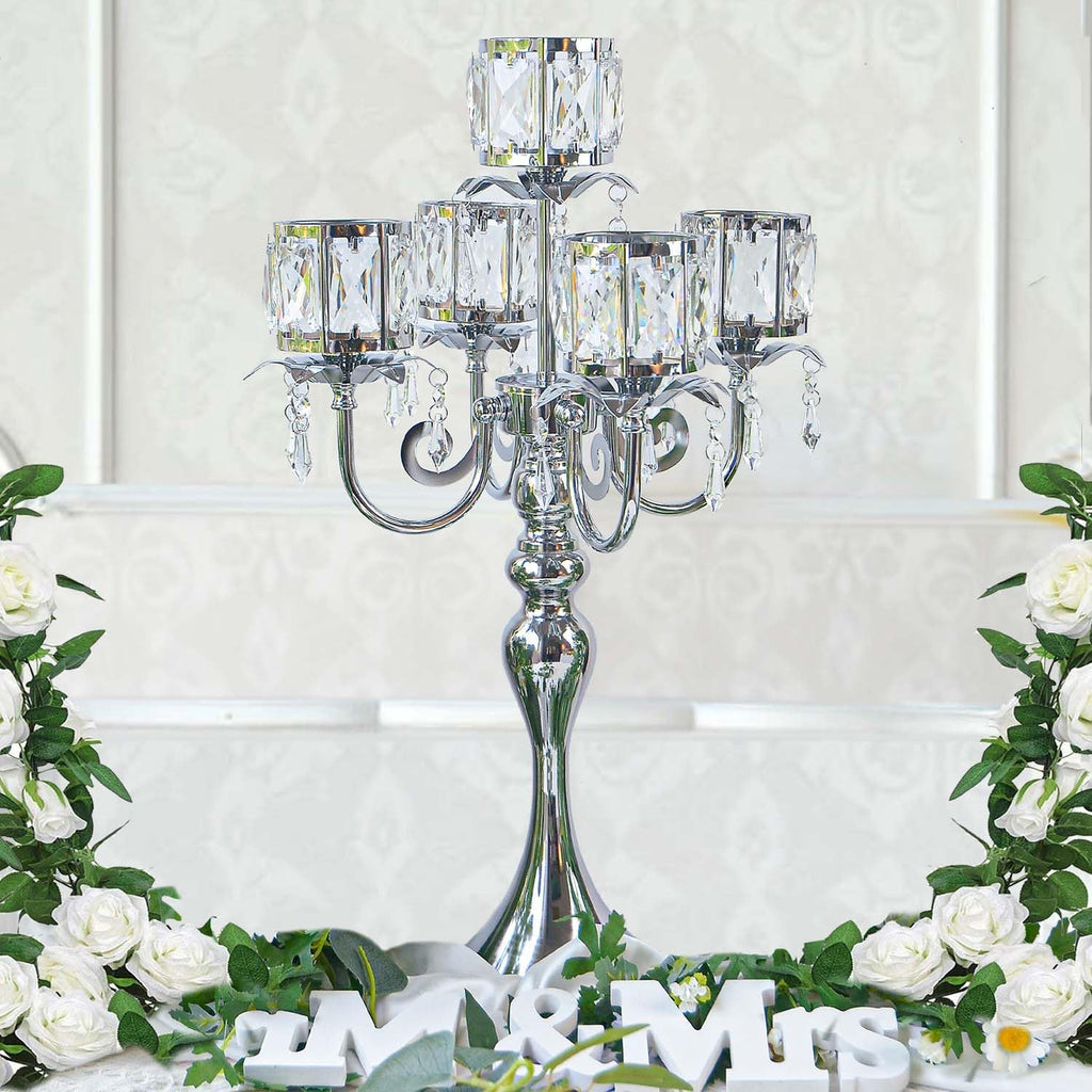 Candelabra Candle Holders, Elegant Bling Centerpiece with Pendant Crystal Table Decorations 5 Arms Candlesticks,22
