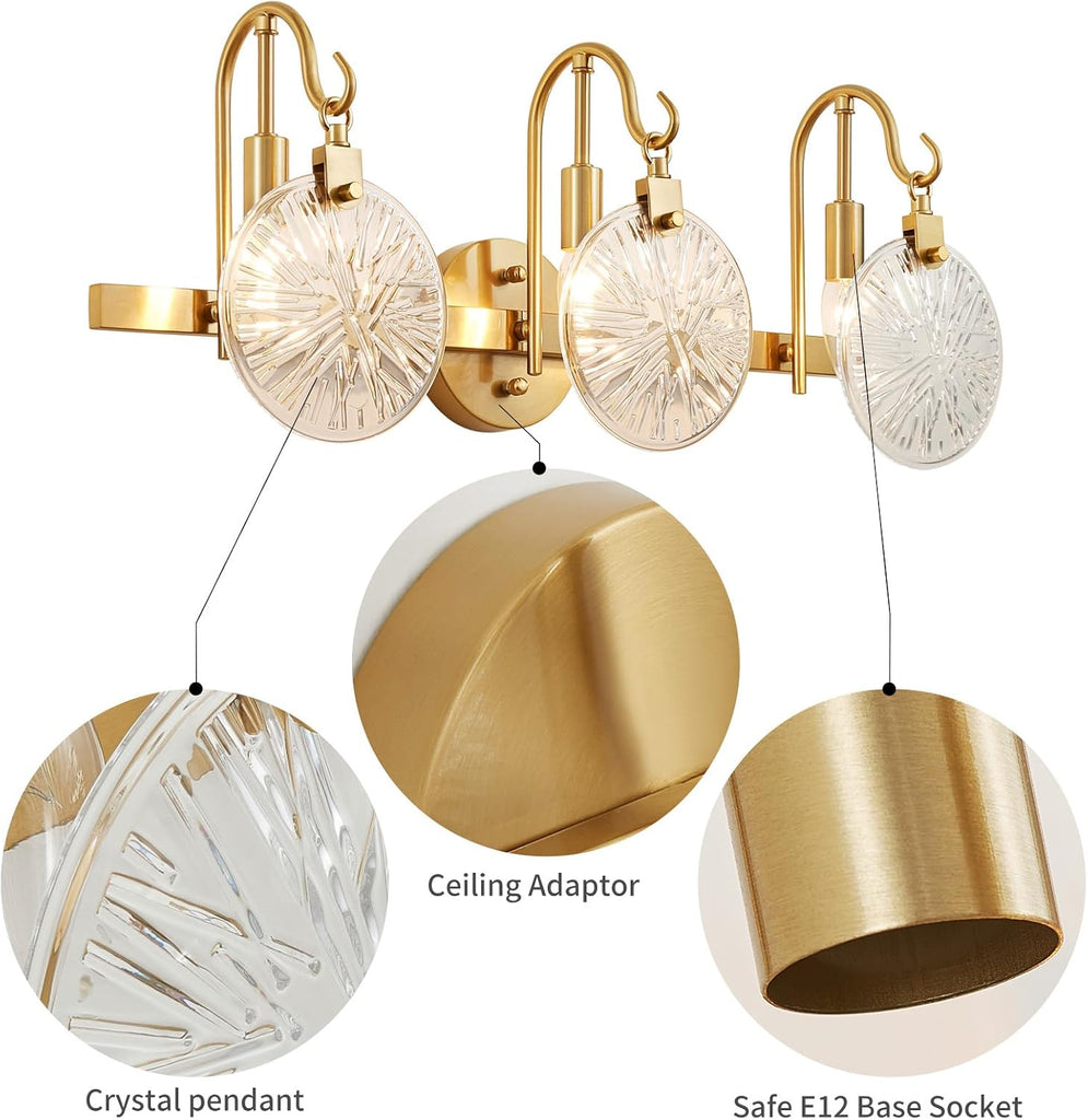 3-Light Bathroom Light Fixture Over Mirror Morden Vanity Wall Sconces Clear Glass Shade Living Room, E12 Base, Brass
