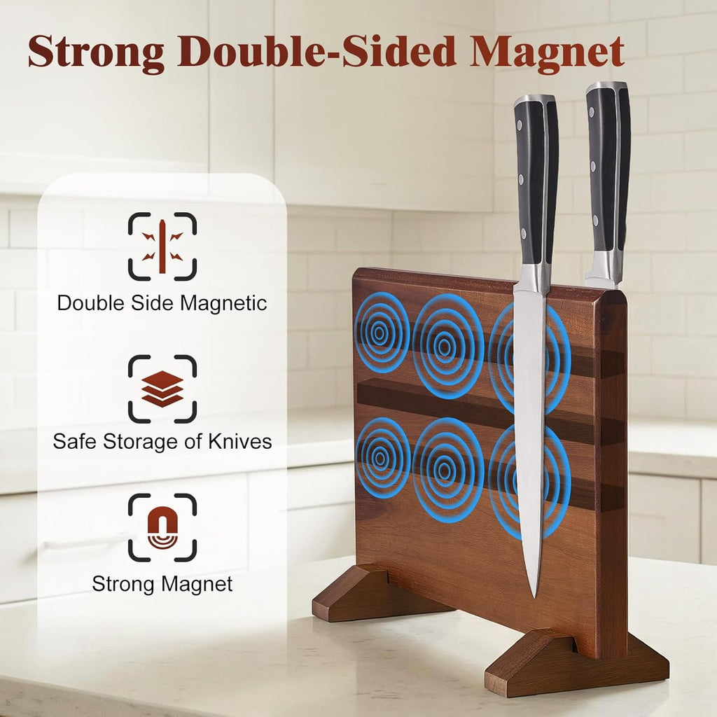 Magnetic Knife Block, Double-Sided Thick Acacia Wood Knife Holder Stand with Strong Magnets, Multifunctional Kitchen