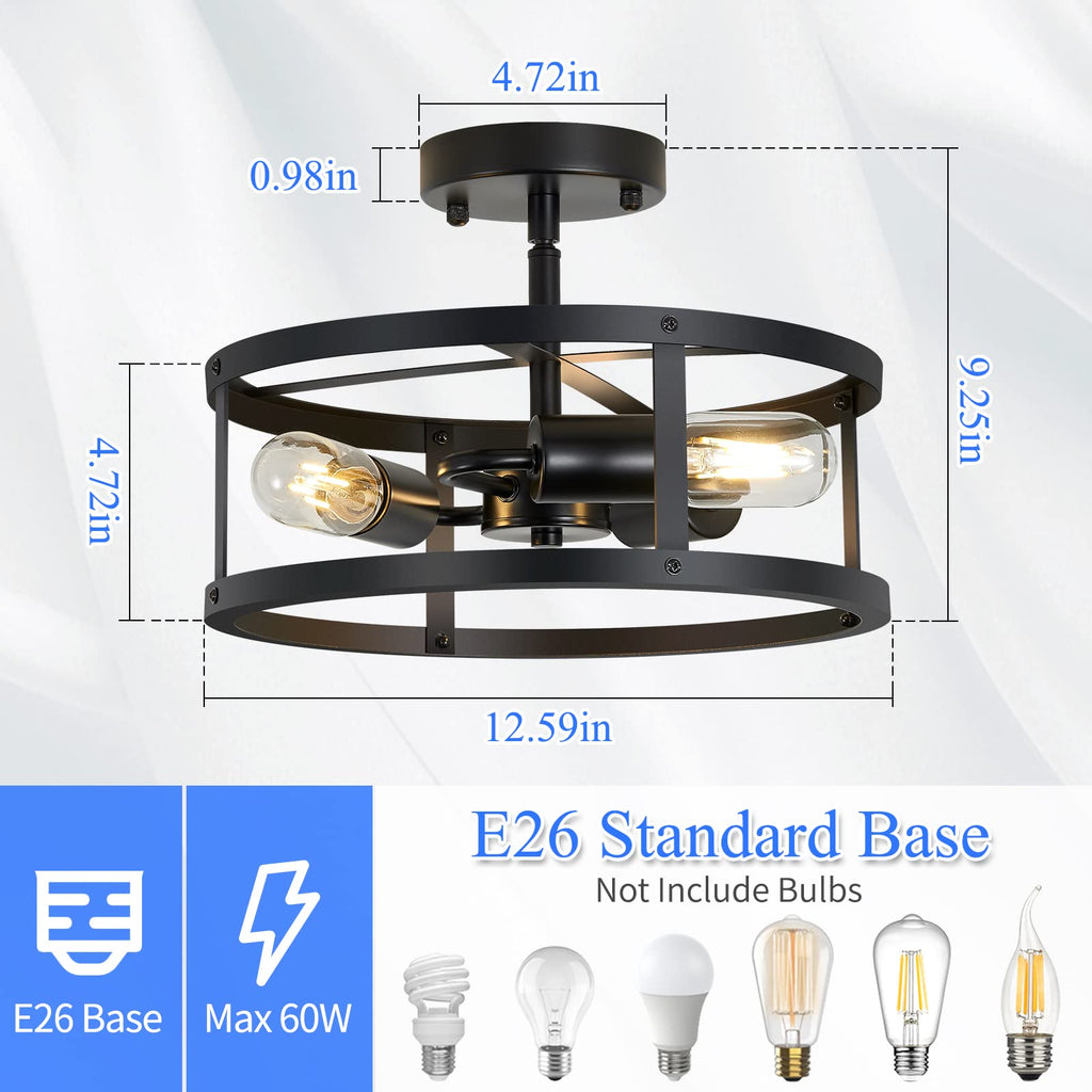 Semi Ceiling Light Fixture, 3-Light Black Flush Mount Ceiling Light, 13 Inch Hallway Light fixtures Ceiling, Light