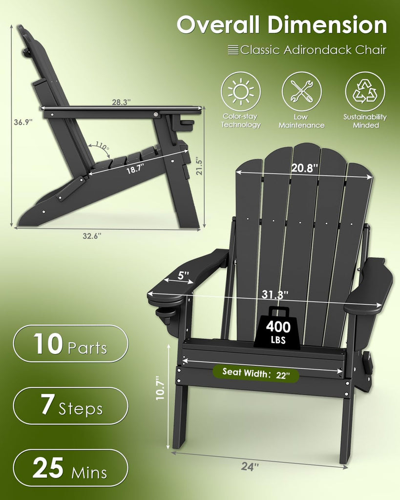 Oversized Folding Adirondack Chairs Set of 2, HDPE, Black | Cup Holder | 22" Extra-Wide | All Weather | Plastic Fire
