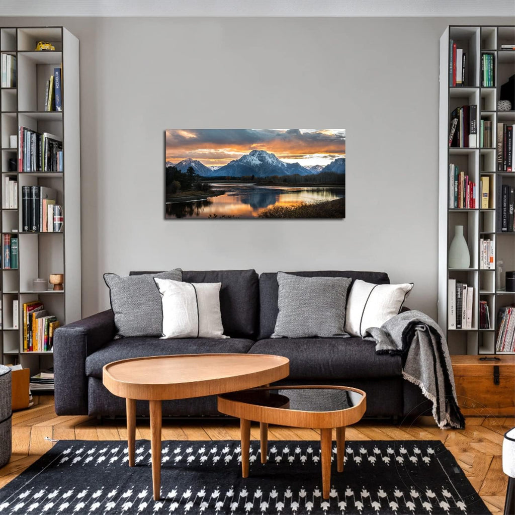Grand Teton Mountain Wall Art National Park Posters Sunset Oxbow Bend Scenery Wall Picture Snake River Landscape Wall