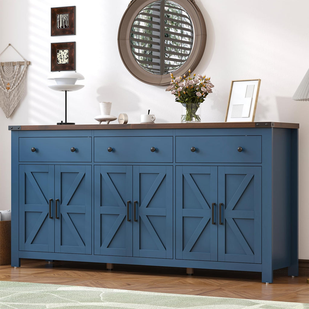 71" Large Sideboard Buffet Cabinet with Storage, Modern Farmhouse Coffee Bar with 3 Drawers and 6 Barn Doors, Dining