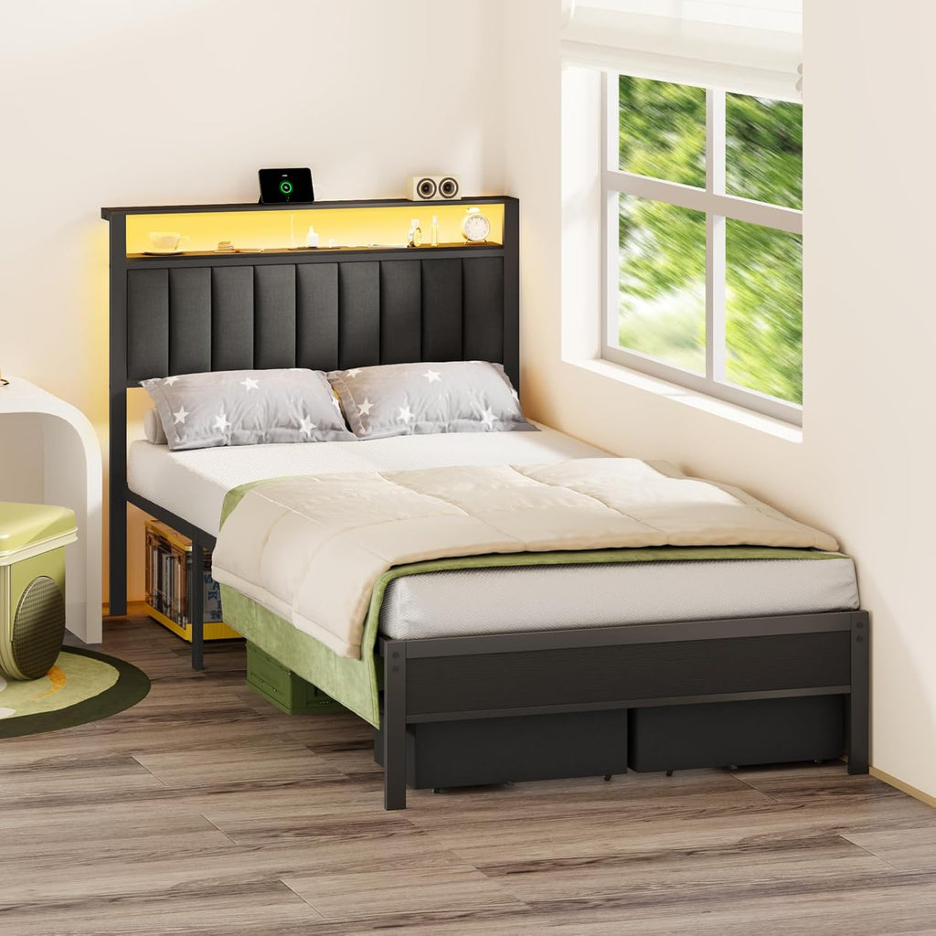 Full Bed Frame with Charging Station and LED Lights, Grey Upholstered Headboard with Shelves
