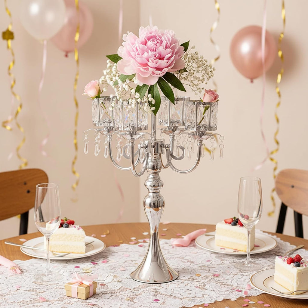 Silver Candelabra Centerpieces for Tables - 5 Arm Crystal Pendant Candle Holders, Elegant Metal Table Centerpieces