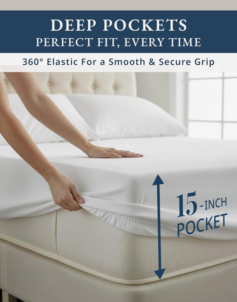 100% Egyptian Cotton Sheets - Naturally Cooling & Breathable 4 Piece Silky Sateen Weave Sheet Set