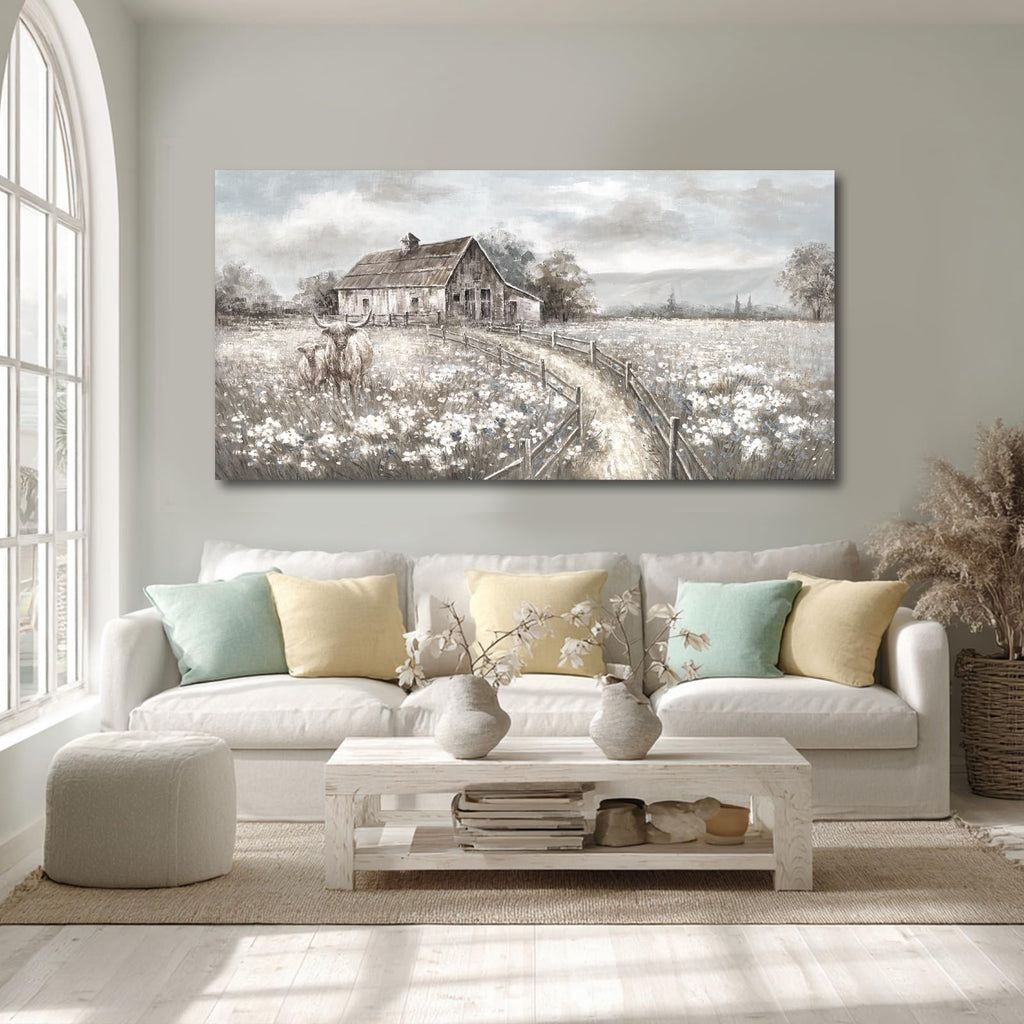 Neutral Greige Highland Cow Canvas Wall Art, Rustic Country Cottage Landscape with Meadow Flowers, Large Horizontal