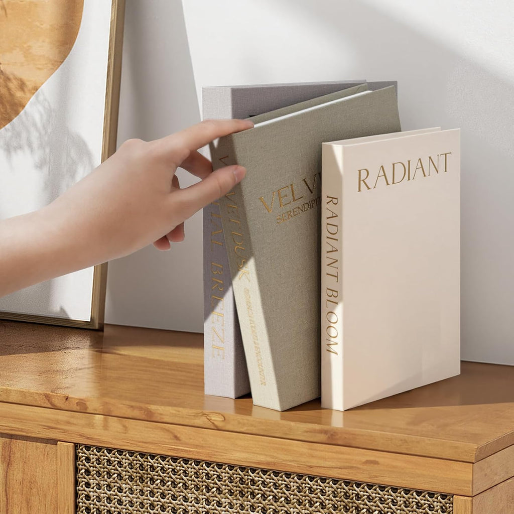 Decorative Books Decor, Set of 3 Neutral Linen Storage Boxes | Linen Faux Book Boxes with Hidden Storage for Coffee