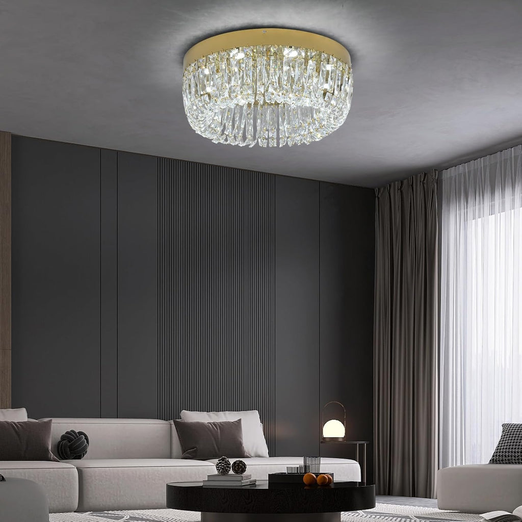 Luxury Gold Crystal Chandelier Flush Mount Ceiling Light, 19.7" Modern LED Lighting Fixture for Bedroom Kitchen