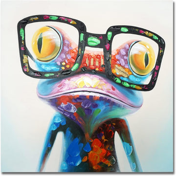 Frog Canvas Wall Art Colorful Animal Painting Pictures Happy Frog with Glasses Oil Painting Modern Framed Artwork